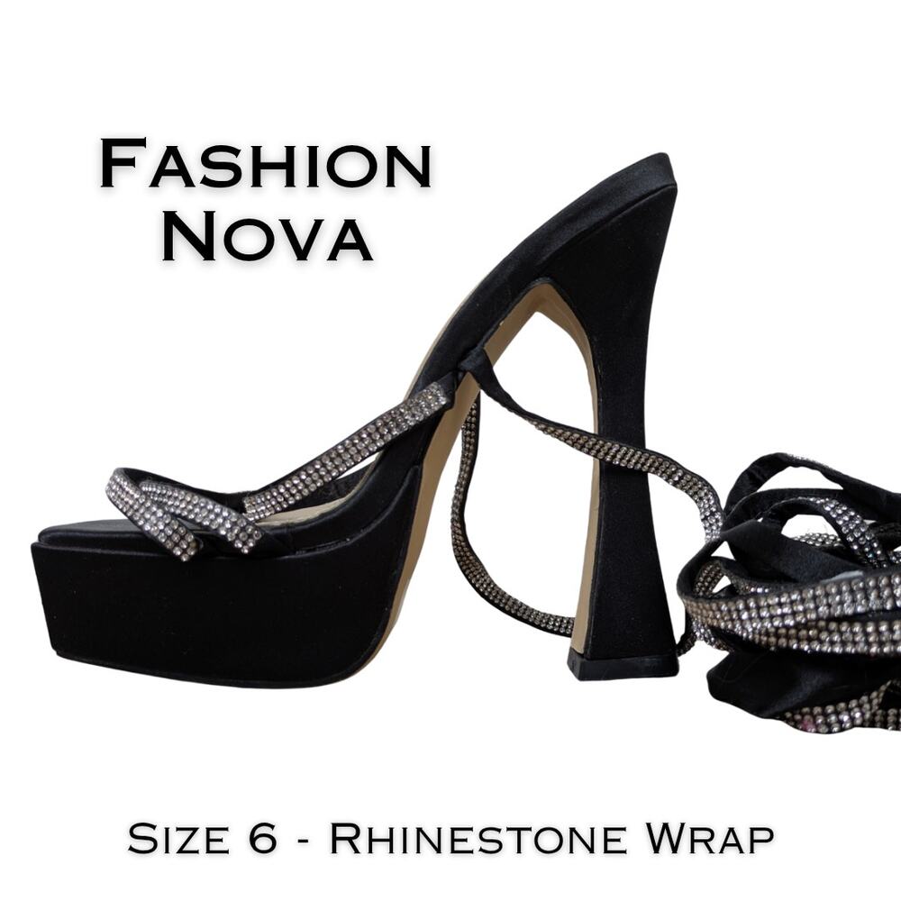 Fashion Nova Heels Sandals 6 Black Rhinestone Platform Wrap Strappy Party Club